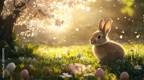 Colorful eggs in meadow
