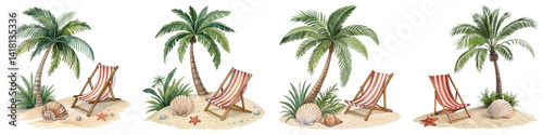 Watercolor Palm Trees and Beach Chairs Composition Isolated on Transparent Background, Summer Vacation, Tropical Illustration, Palm trees, beach, chair