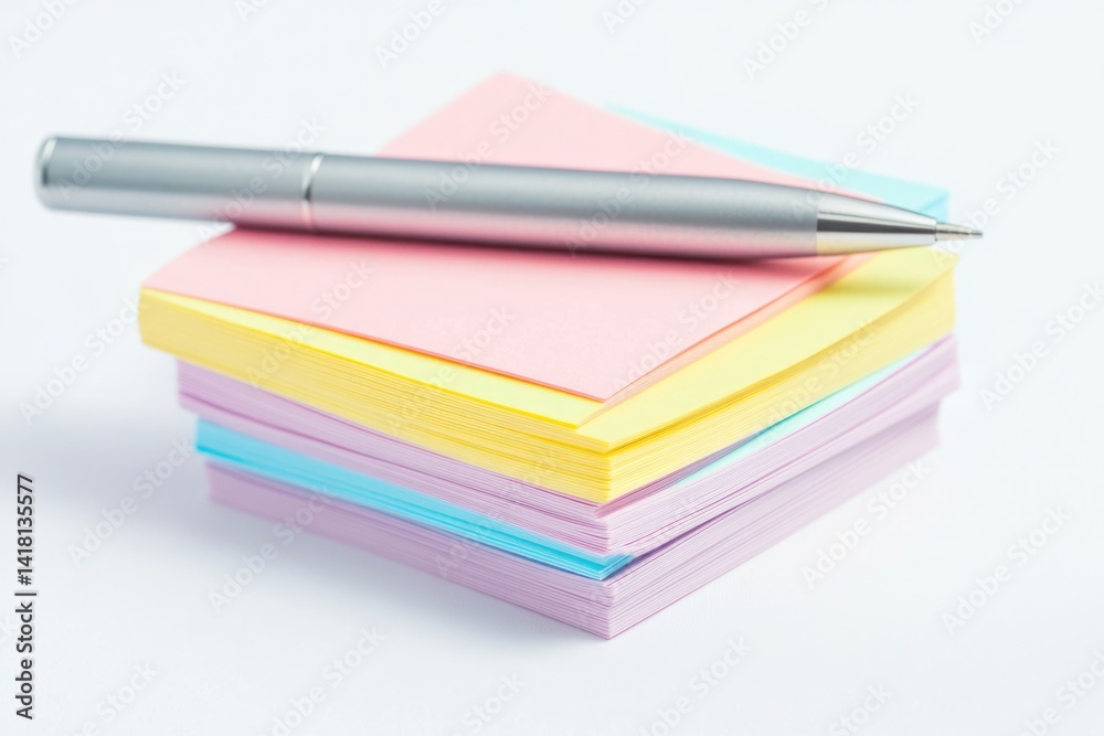 A silver pen rests atop a stack of pastel-colored sticky notes, ready for note-taking or reminders.