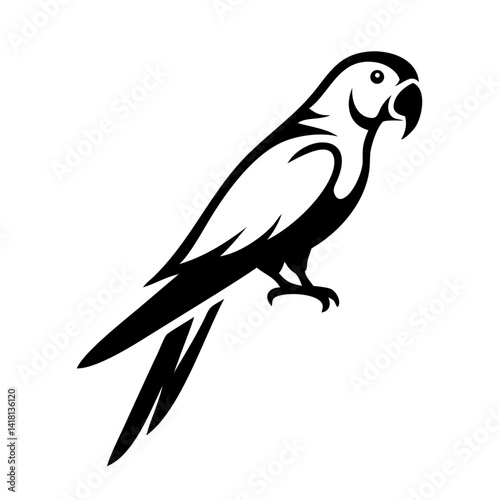 Black and white vector illustration of a parrot sitting on a branch in a tropical setting