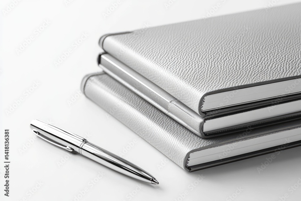 Stack of silver leather notebooks and a chrome pen on a white background, representing organization and writing. Stack of silver leather notebooks and a chrome pen on a white background, representing organization and writing.