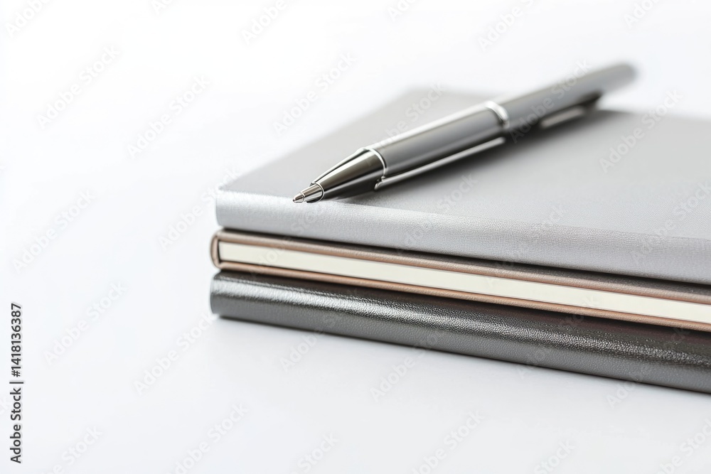 A silver pen rests atop a stack of stylish notebooks, suggesting organization and planning. A silver pen rests atop a stack of stylish notebooks, suggesting organization and planning.