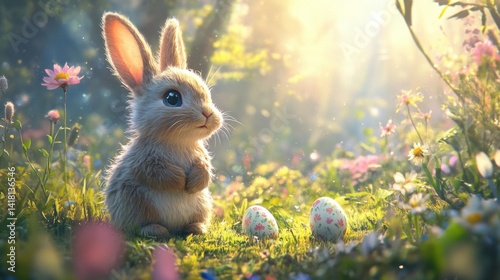 Colorful eggs in meadow