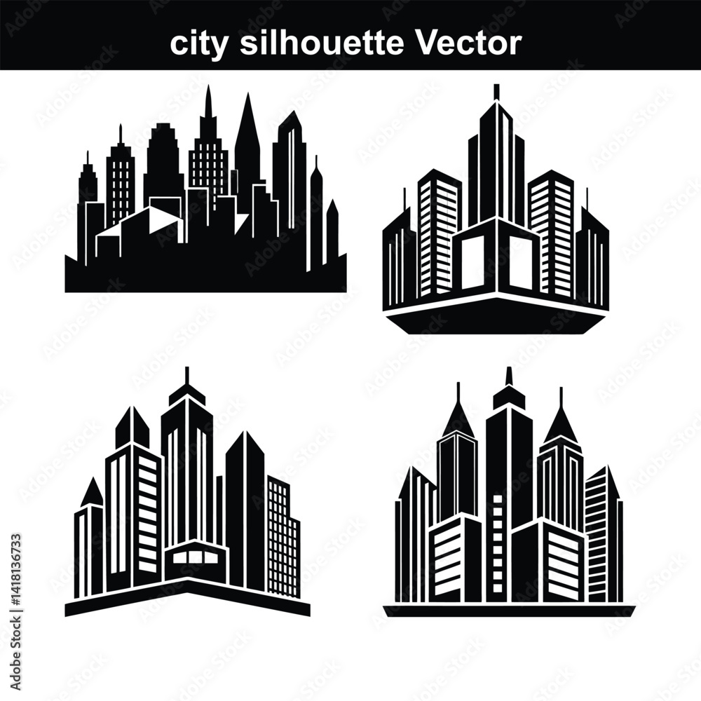 Fototapeta premium This vector illustration showcases a city skyline silhouette, depicting an urban cityscape with various buildings and skyscrapers against a sky.