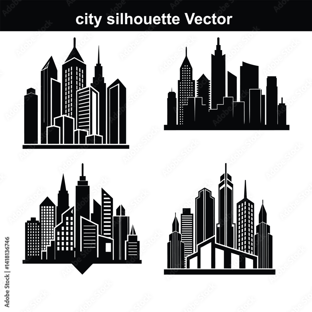 Fototapeta premium This vector illustration showcases a city skyline silhouette, depicting an urban cityscape with various buildings and skyscrapers against a sky.
