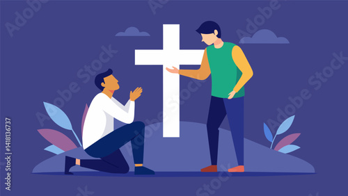 A young man kneeling in front of a cross being led in prayer and receiving guidance from a religious counselor on finding purpose and direction in. Vector illustration