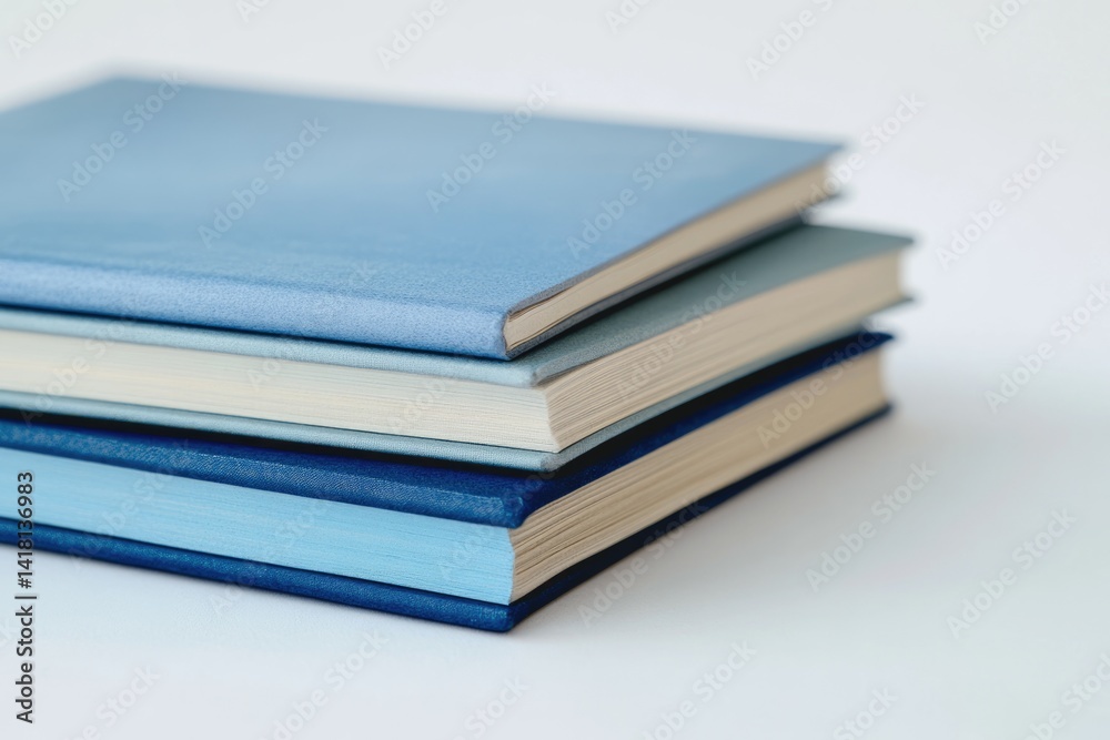 A stack of three books in varying shades of blue, resting on a white surface. A stack of three books in varying shades of blue, resting on a white surface.