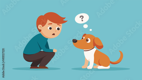 A confused pup tilts its head in curiosity as its owner demonstrates the down command during a puppy training session.. Vector illustration