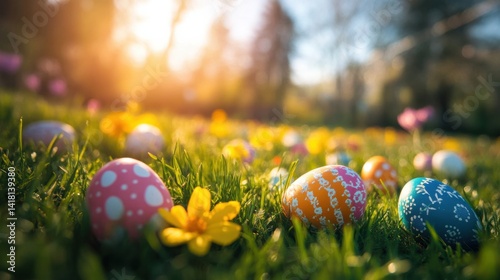 Colorful eggs in meadow