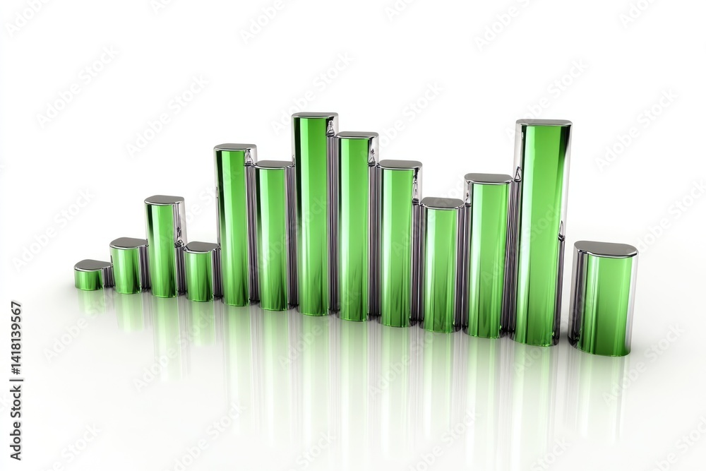 3D rendered green bar graph showcasing growth, progress, or financial increase. 3D rendered green bar graph showcasing growth, progress, or financial increase.