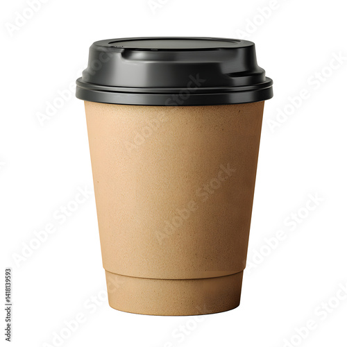 A tan-colored disposable cup with a black lid sits against a black background, perfect for holding your favorite hot beverage on the go.