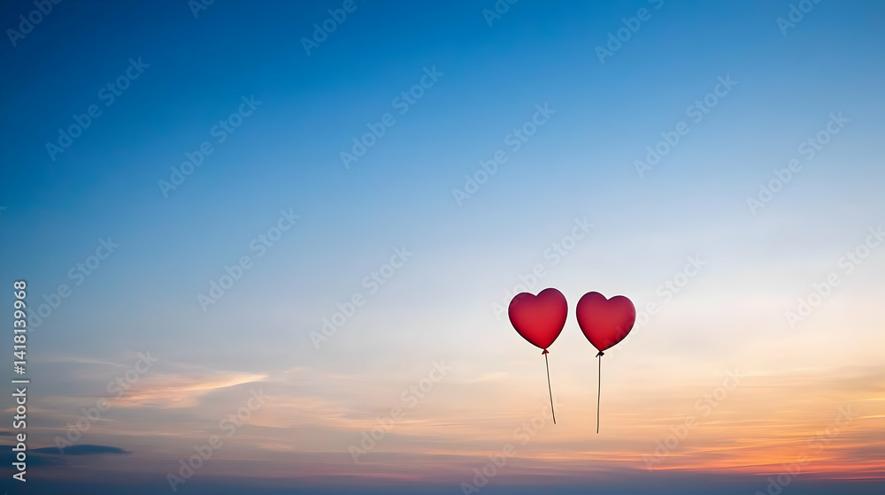 Fototapeta premium Two Red Heart Balloons Floating In Sunset Sky