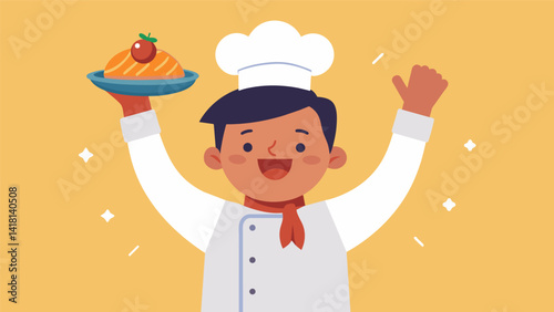 A student proudly holding up their finished dish beaming with confidence and satisfaction from their successful culinary creation.. Vector illustration