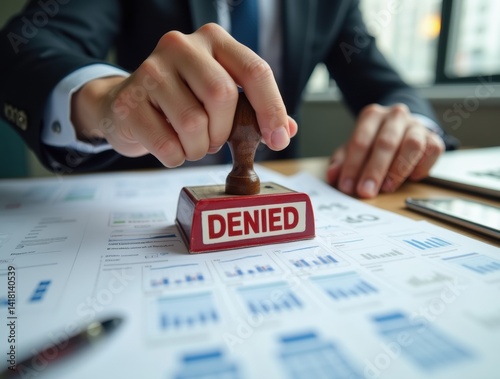A businessman stamps “Denied” on financial documents at a desk, illustrating rejected transactions and the enforcement of financial restrictions.

