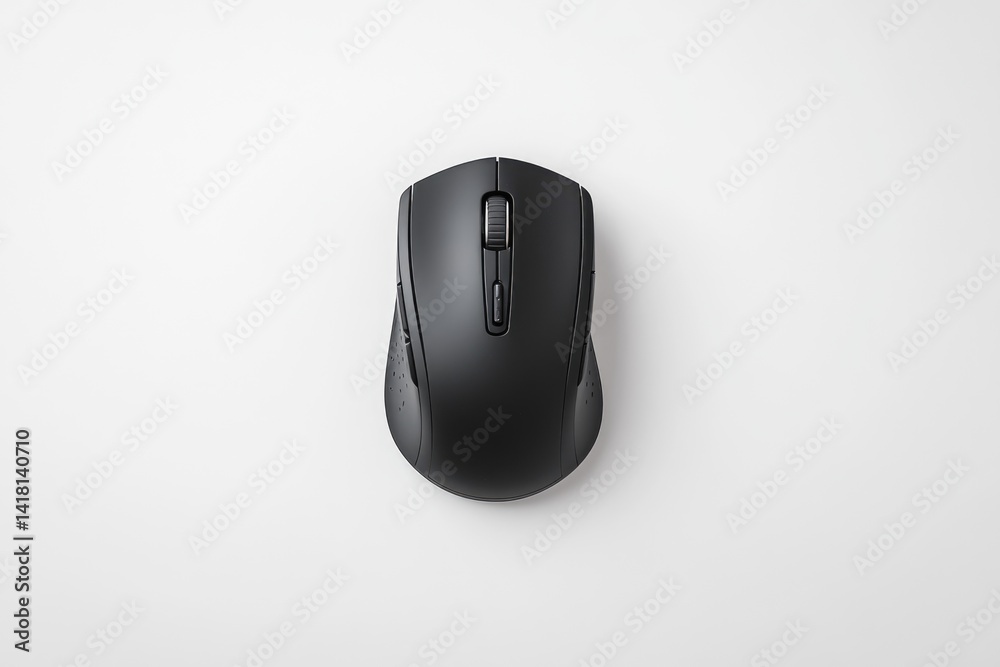 A black wireless computer mouse is shown from above on a white background. A black wireless computer mouse is shown from above on a white background.