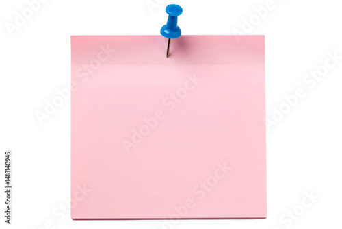 Pink blank sticky post it note with red pushpin isolated on transparent background