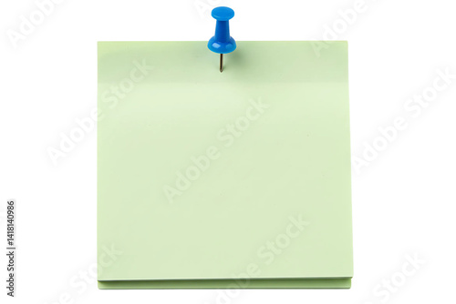 Green sticky post it note with red pushpin isolated on transparent background