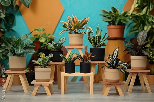 Assorted houseplants displayed on wooden stands