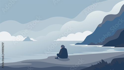 A quiet beach blanketed in fog with a solitary figure sitting and sketching the waves crashing against the shore.. Vector illustration