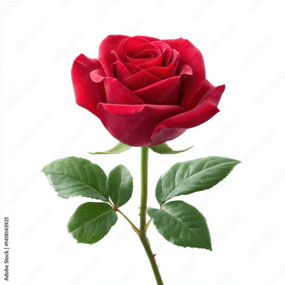 Single red rose with green leaves isolated on white background Single red rose with green leaves isolated on white background
