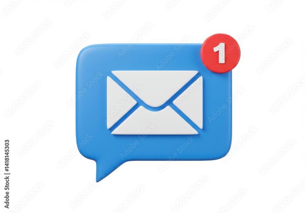 Blue speech bubble with envelope and red notification circle one isolated on white background Blue speech bubble with envelope and red notification circle one isolated on white background