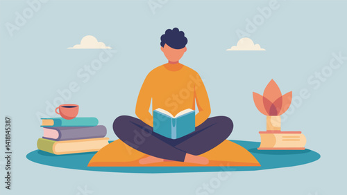 A person sitting crosslegged on a cushion on the floor surrounded by pillows and studying a religious text written in a foreign language.. Vector illustration