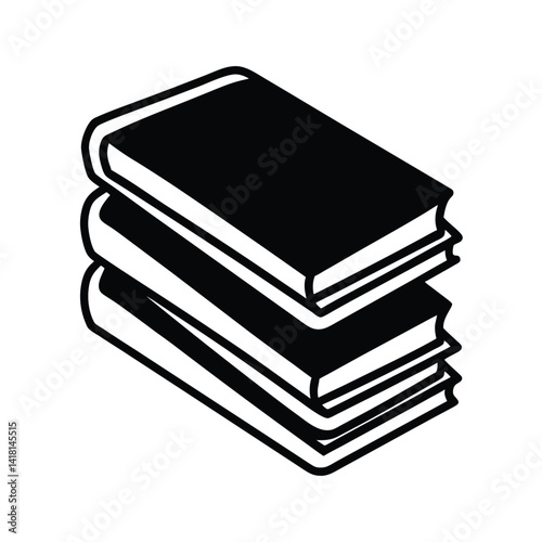 Simple monochrome graphic of a stacked book pile in black and white outlined illustration