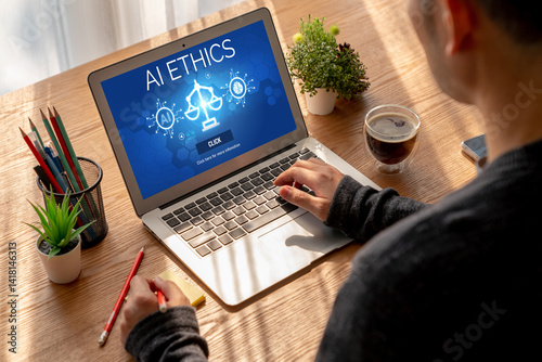 AI ethics responsibility standard law and rules on computer screen provide report of AI ethic transparency preventing technology crime. brisk