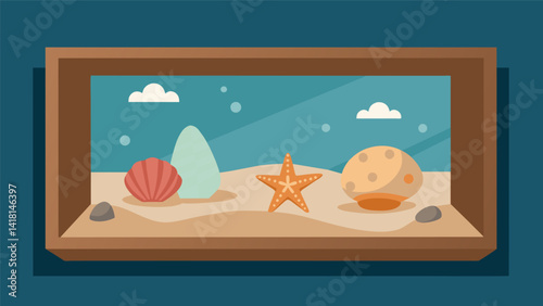 A shadow box filled with bits of sand shells and sea glass from a romantic beach vacation evoking feelings of love and nostalgia.. Vector illustration