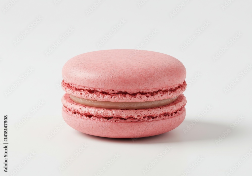 Close up of a single pink macaron on a plain white background Close up of a single pink macaron on a plain white background
