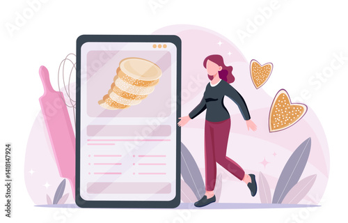 Woman browsing cookie recipe online. Vector illustration