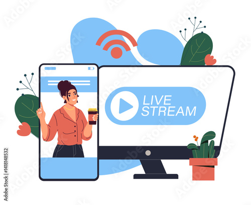 Woman streaming live on smartphone screen. Vector illustration