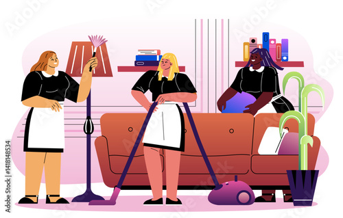 Women cleaning living room interior scene. Vector illustration