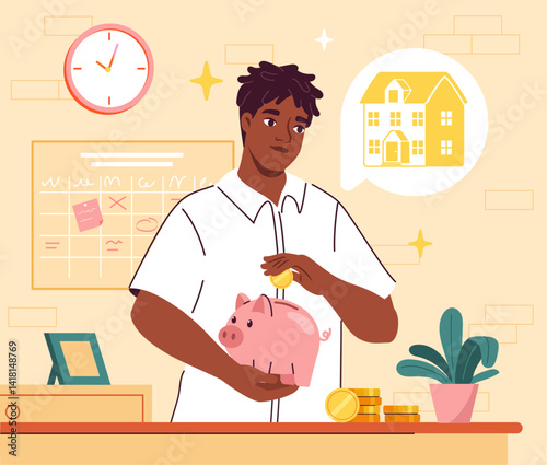 Man saving money in piggy bank at desk. Vector illustration