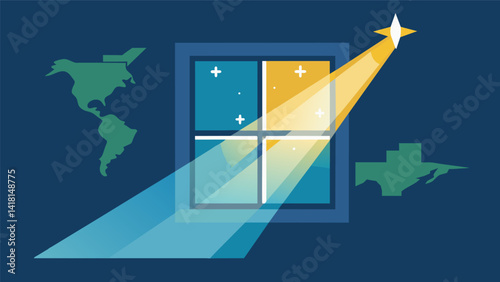 A stream of light shines from the window directly onto the map symbolizing the divine blessing and guidance the congregation is seeking for their. Vector illustration