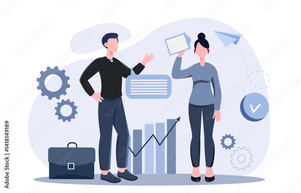 Business teamwork with charts and icons. Vector illustration