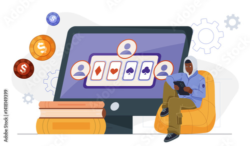 Online card game concept with player.. Vector illustration