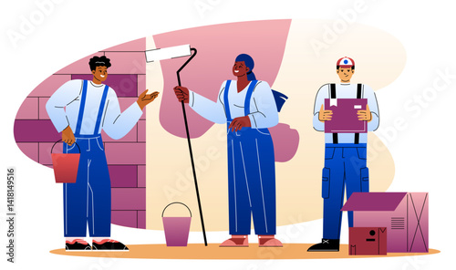Team of painters working together. Vector illustration
