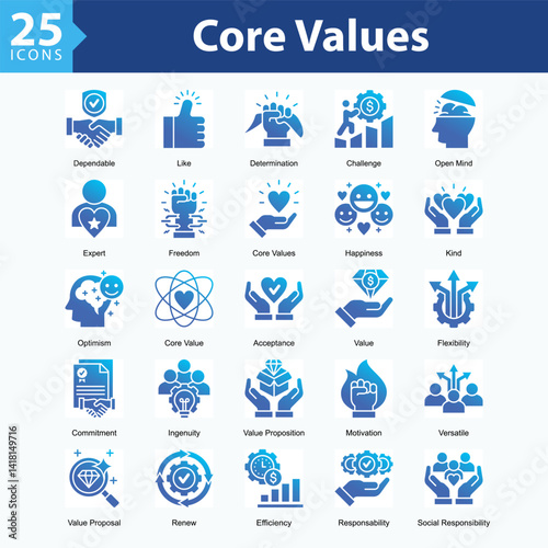 Core Values ​​is a collection of icons in sheet format representing Core values, character strengths, and positive qualities that define individual identity.