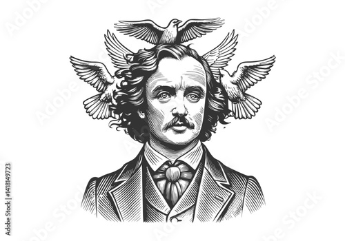 Black and white sketch engraving of a man in formal attire with an open head releasing birds, symbolizing imagination and creativity

