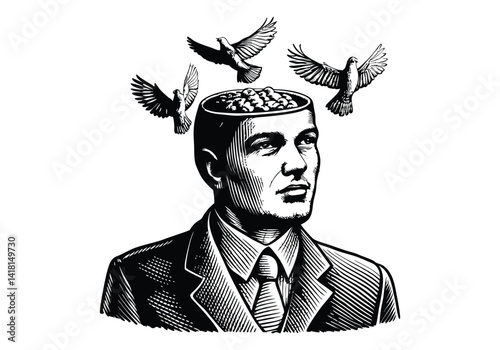 Black and white sketch engraving of a man in formal attire with an open head releasing birds, symbolizing imagination and creativity

