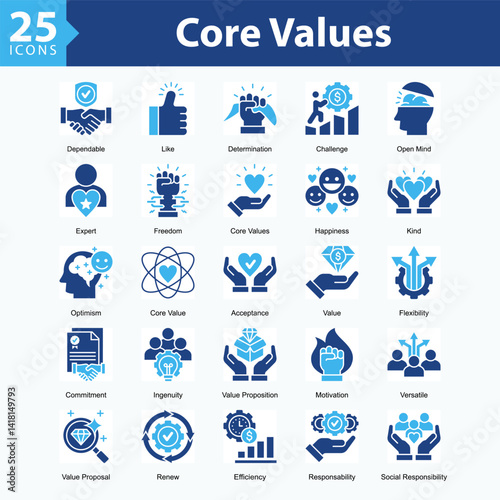 Core Values ​​is a collection of icons in sheet format representing Core values, character strengths, and positive qualities that define individual identity.