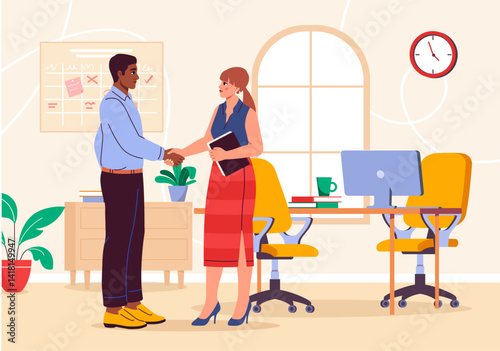 Business handshake in office setting. Vector illustration