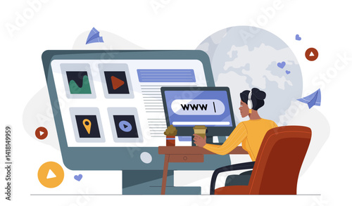 Woman browsing online content at desk. Vector illustration