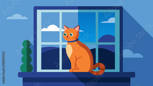 A foster cat sitting comfortably in a windowsill gazing out at the world with a content expression.. Vector illustration