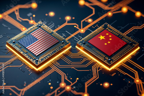 US vs China tech Computer chips with American and Chinese flags on a circuit board