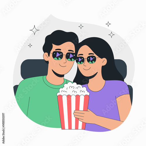 Movie Night Couple Sharing Popcorn Illustration