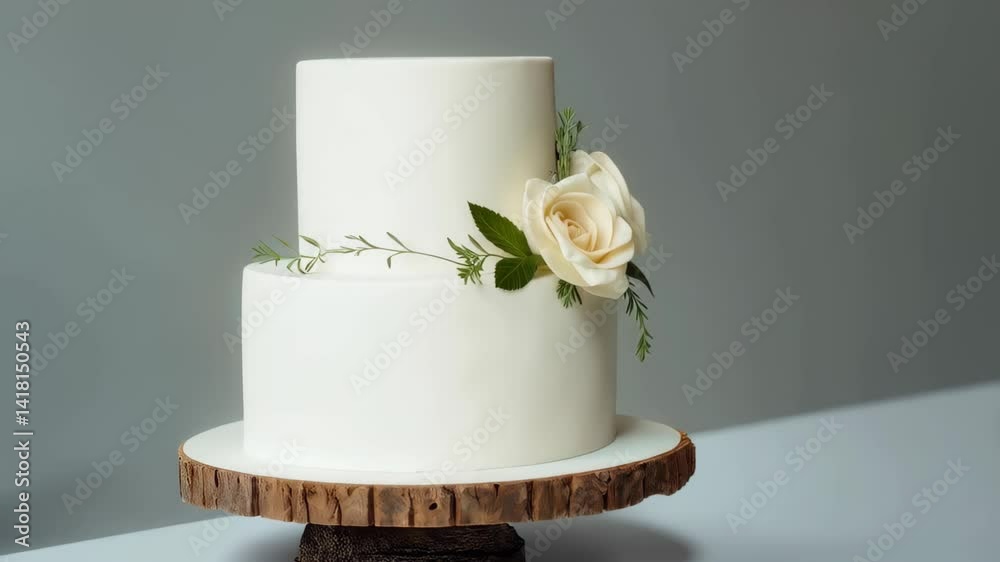 Elegant two-tier frosting cake with white roses on rustic tray wood.