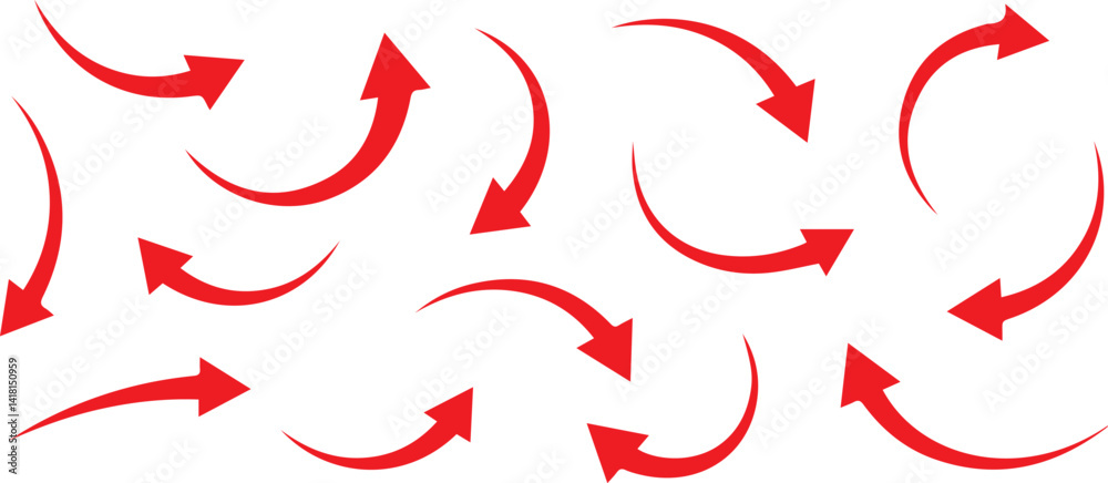 Set of red curved arrows pointing in various directions on a white background