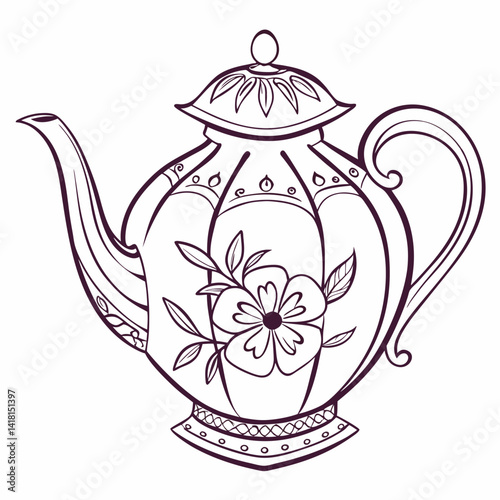 Hand drawn vintage teapot with flower kettle Vector